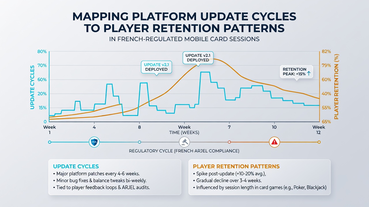 Data visualization of platform update cycles correlated with player retention metrics in French mobile card sessions